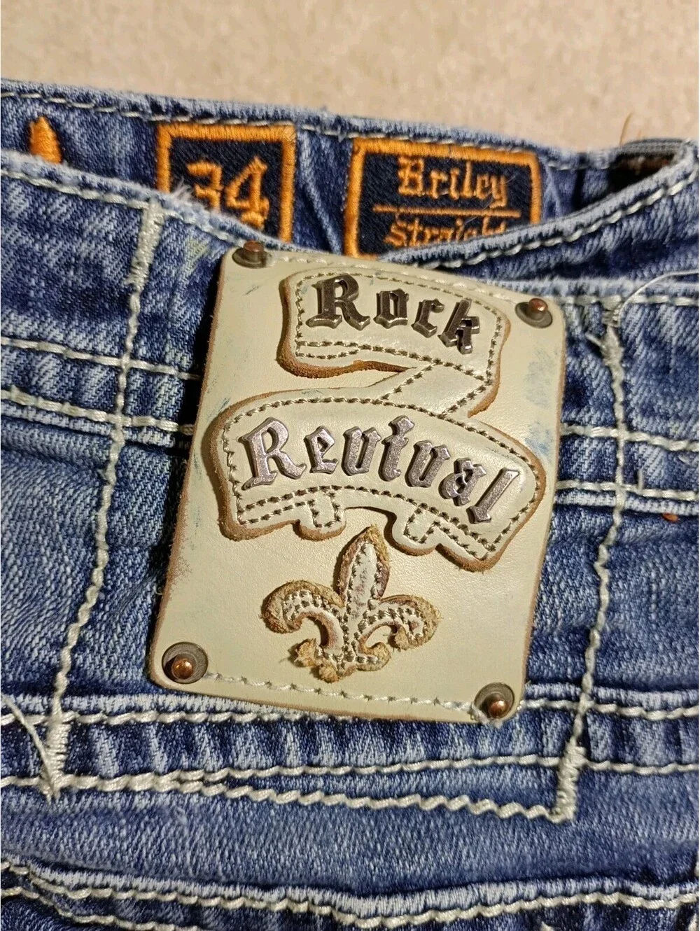 Rock Revival Jeans Men 34x31 Briley Straight Fit Embroidered Denim Pants Flap